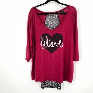 Torrid Shirt Womens 2X Red Believe Heart Graphic 3/4 Sleeve‎ V Neck Floral Back